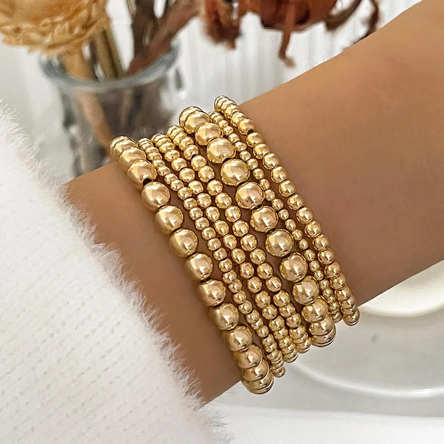 Dcfywl731 Gold Beaded Charm Bracelets for Women - Stackable, Trendy Jewelry Gifts