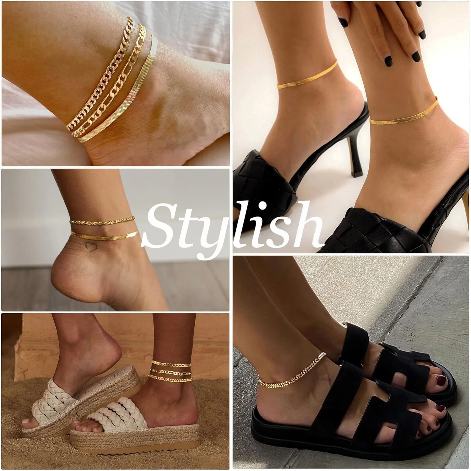 DEARMAY Gold Ankle Bracelets for Women Waterproof - Dainty 6Pcs 14K Gold Plated Anklets Layered Cuban Link Chain Herringbone Cute Anklets Set Pack Summer Beach Jewelry Gift for Women Teen