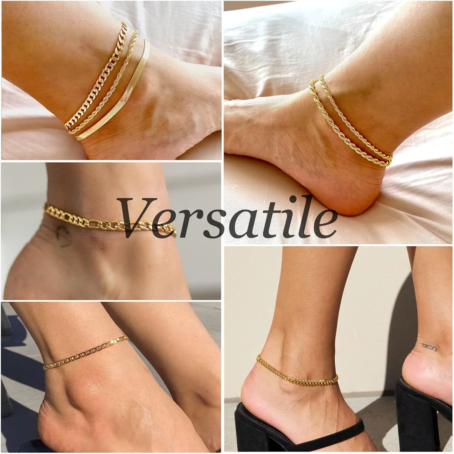 DEARMAY Gold Ankle Bracelets for Women Waterproof - Dainty 6Pcs 14K Gold Plated Anklets Layered Cuban Link Chain Herringbone Cute Anklets Set Pack Summer Beach Jewelry Gift for Women Teen