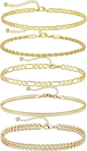 DEARMAY Gold Ankle Bracelets for Women Waterproof - Dainty 6Pcs 14K Gold Plated Anklets Layered Cuban Link Chain Herringbone Cute Anklets Set Pack Summer Beach Jewelry Gift for Women Teen