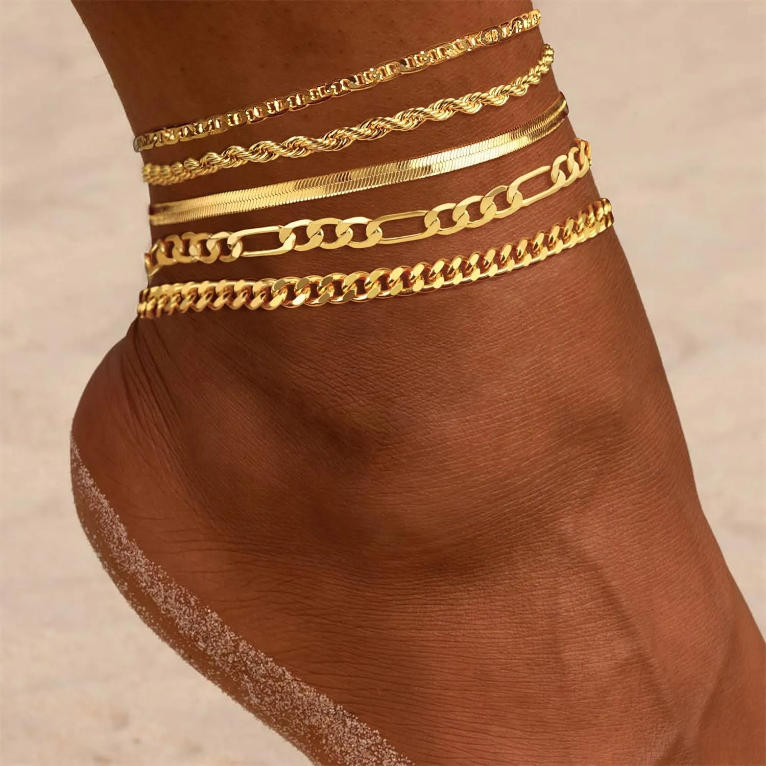 DEARMAY Gold Ankle Bracelets for Women Waterproof - Dainty 6Pcs 14K Gold Plated Anklets Layered Cuban Link Chain Herringbone Cute Anklets Set Pack Summer Beach Jewelry Gift for Women Teen