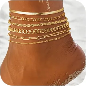 DEARMAY Waterproof Gold Ankle Bracelets for Women - Dainty 6Pcs 14K Gold Plated Anklets Layered Cuban Link Chain Herringbone Cute Anklets Set Pack Summer Beach Jewelry Gift for Women Teen