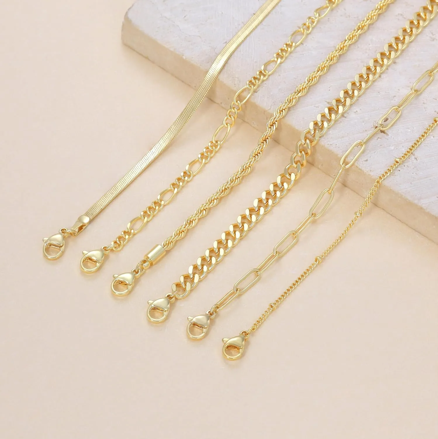 DEARMAY Waterproof Gold Ankle Bracelets for Women - Dainty 6Pcs 14K Gold Plated Anklets Layered Cuban Link Chain Herringbone Cute Anklets Set Pack Summer Beach Jewelry Gift for Women Teen