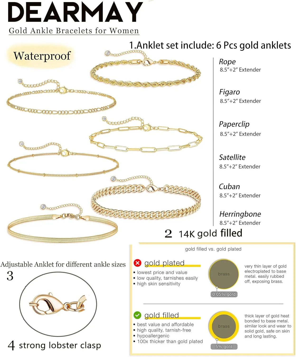 DEARMAY Waterproof Gold Ankle Bracelets for Women - Dainty 6Pcs 14K Gold Plated Anklets Layered Cuban Link Chain Herringbone Cute Anklets Set Pack Summer Beach Jewelry Gift for Women Teen