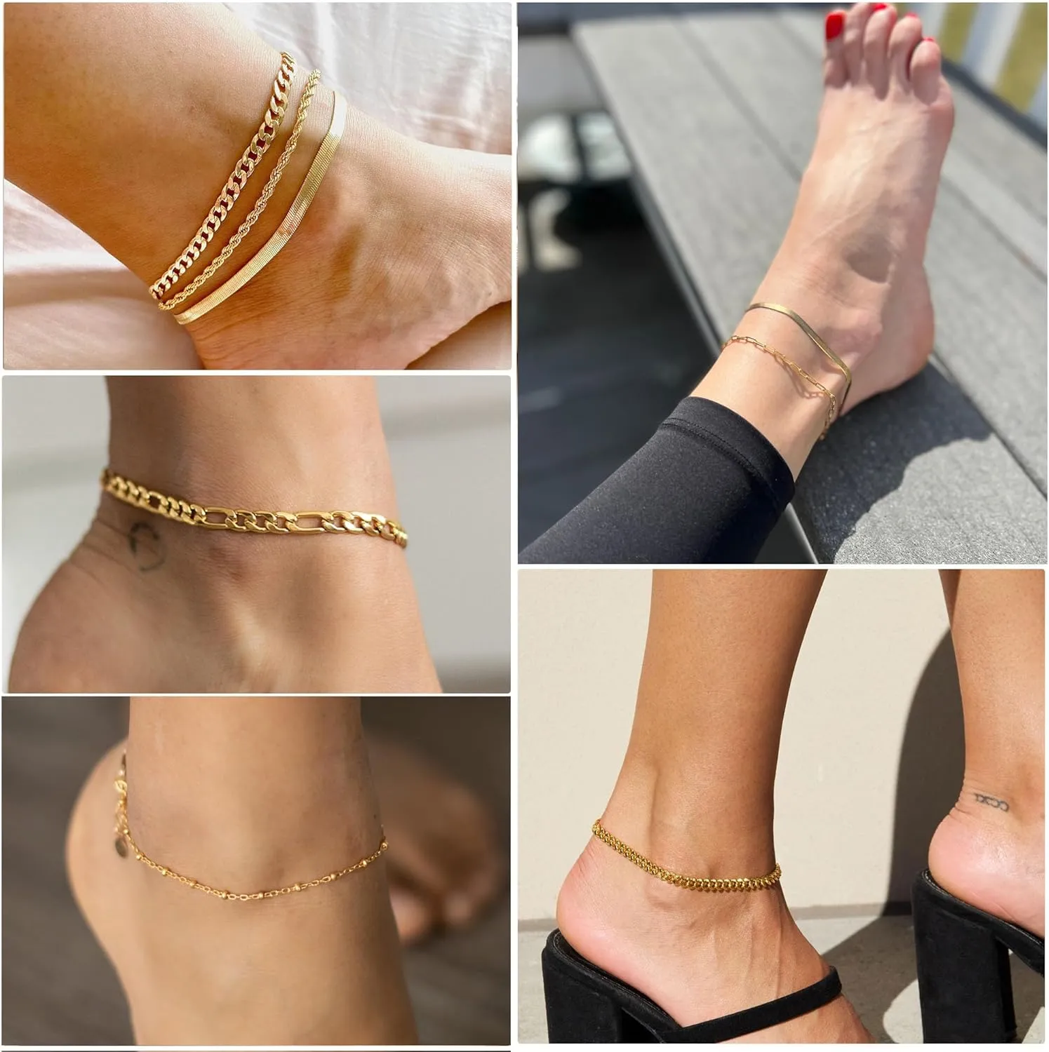 DEARMAY Waterproof Gold Ankle Bracelets for Women - Dainty 6Pcs 14K Gold Plated Anklets Layered Cuban Link Chain Herringbone Cute Anklets Set Pack Summer Beach Jewelry Gift for Women Teen