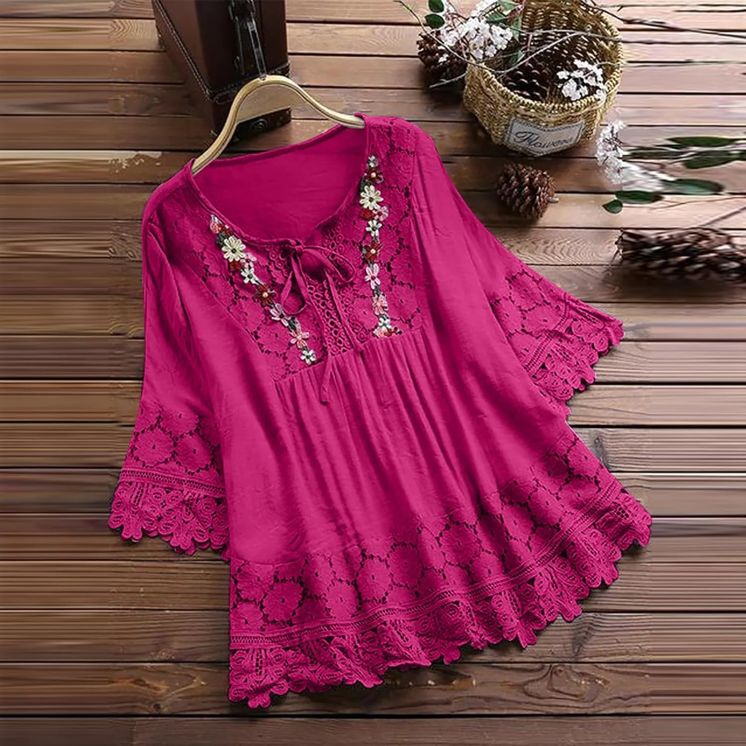 Dgoopd 3/4 Length Sleeve Womens Tops Oversized Cotton Tee Shirts Embroidered Floral Lace V Neck T-Shirt Summer Trendy Blouses