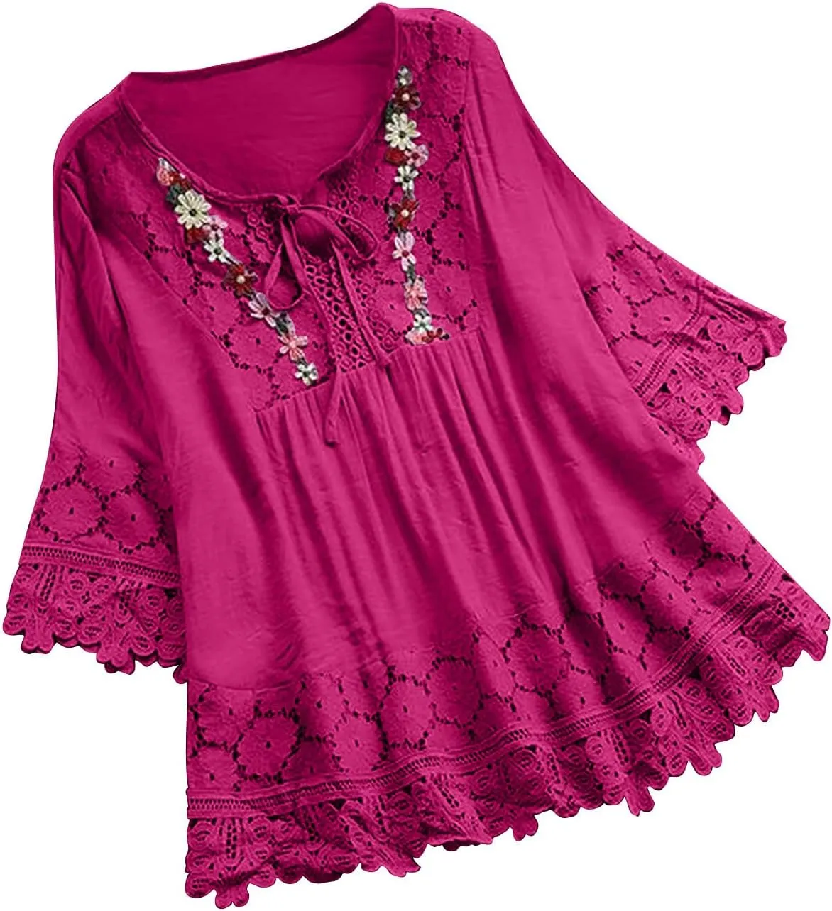 Dgoopd 3/4 Length Sleeve Womens Tops Oversized Cotton Tee Shirts Embroidered Floral Lace V Neck T-Shirt Summer Trendy Blouses
