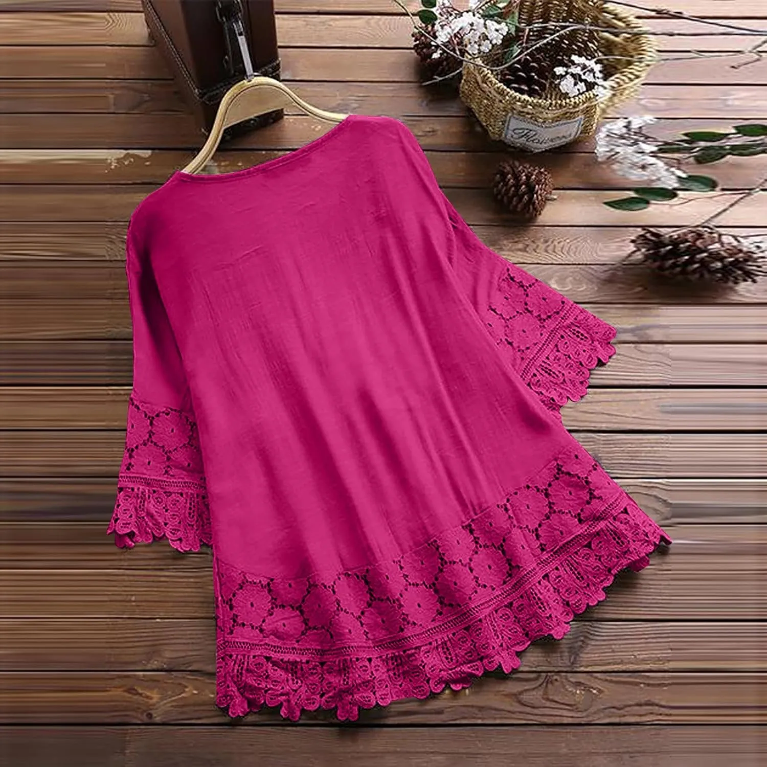 Dgoopd 3/4 Length Sleeve Womens Tops Oversized Cotton Tee Shirts Embroidered Floral Lace V Neck T-Shirt Summer Trendy Blouses