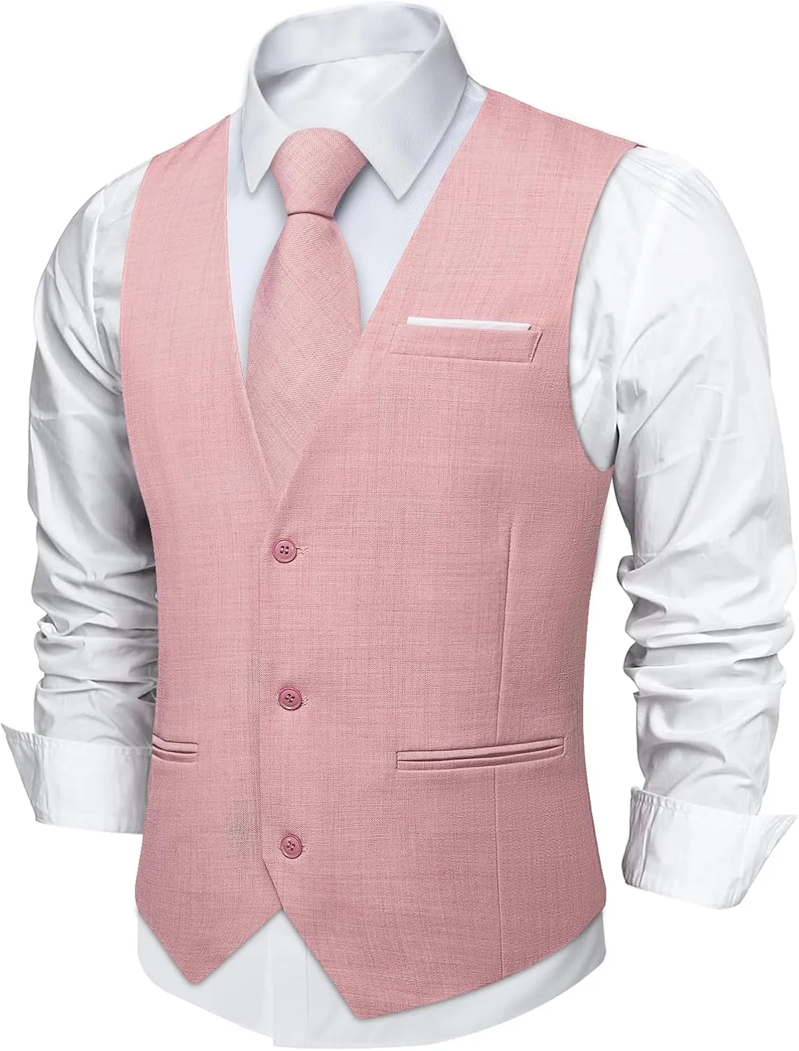 DiBanGu 4PCS Mens Suit Vest Linen Solid Color Vest for Men Wedding Casual Waistcoat Necktie Pocket Square Cufflinks S-3XL