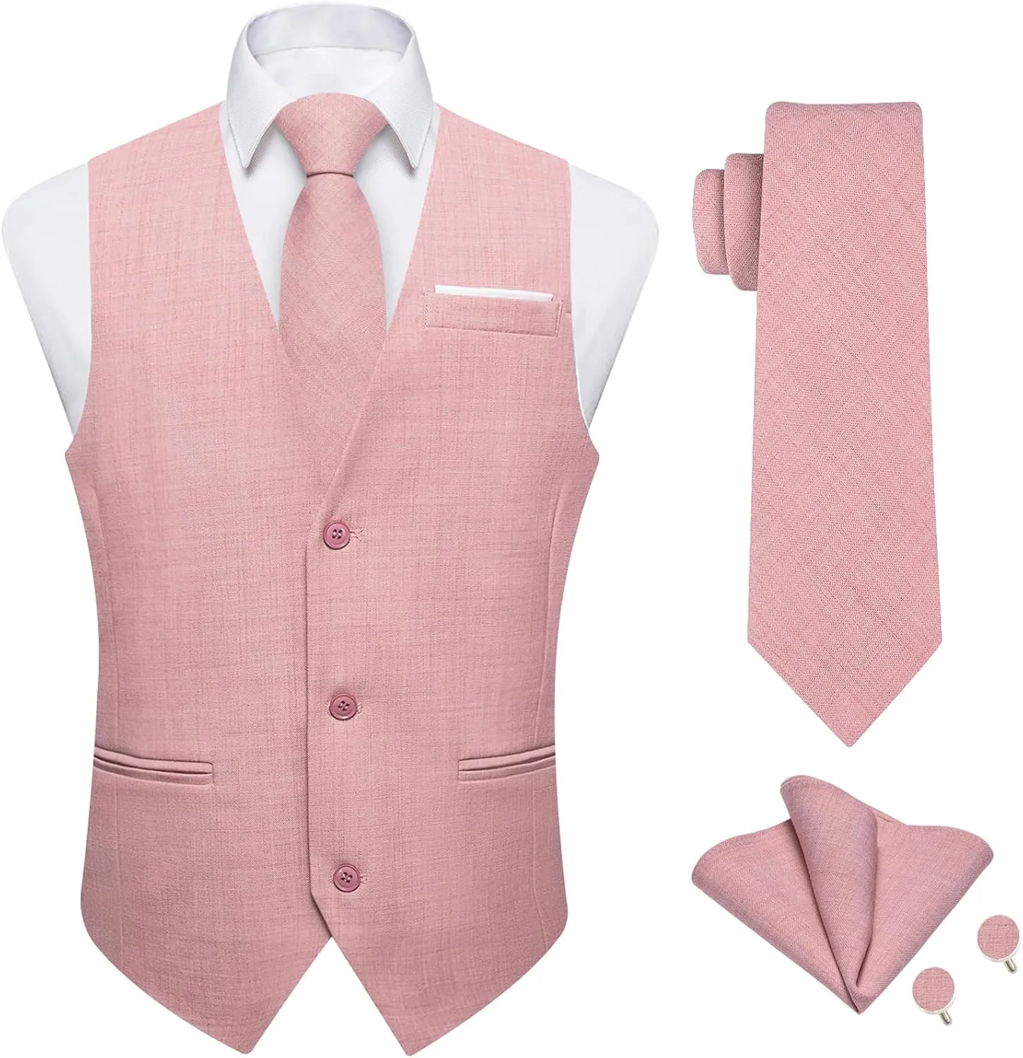 DiBanGu 4PCS Mens Suit Vest Linen Solid Color Vest for Men Wedding Casual Waistcoat Necktie Pocket Square Cufflinks S-3XL