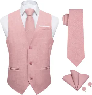 DiBanGu 4PCS Mens Suit Vest Linen Solid Color Vest for Men Wedding Casual Waistcoat Necktie Pocket Square Cufflinks S-3XL
