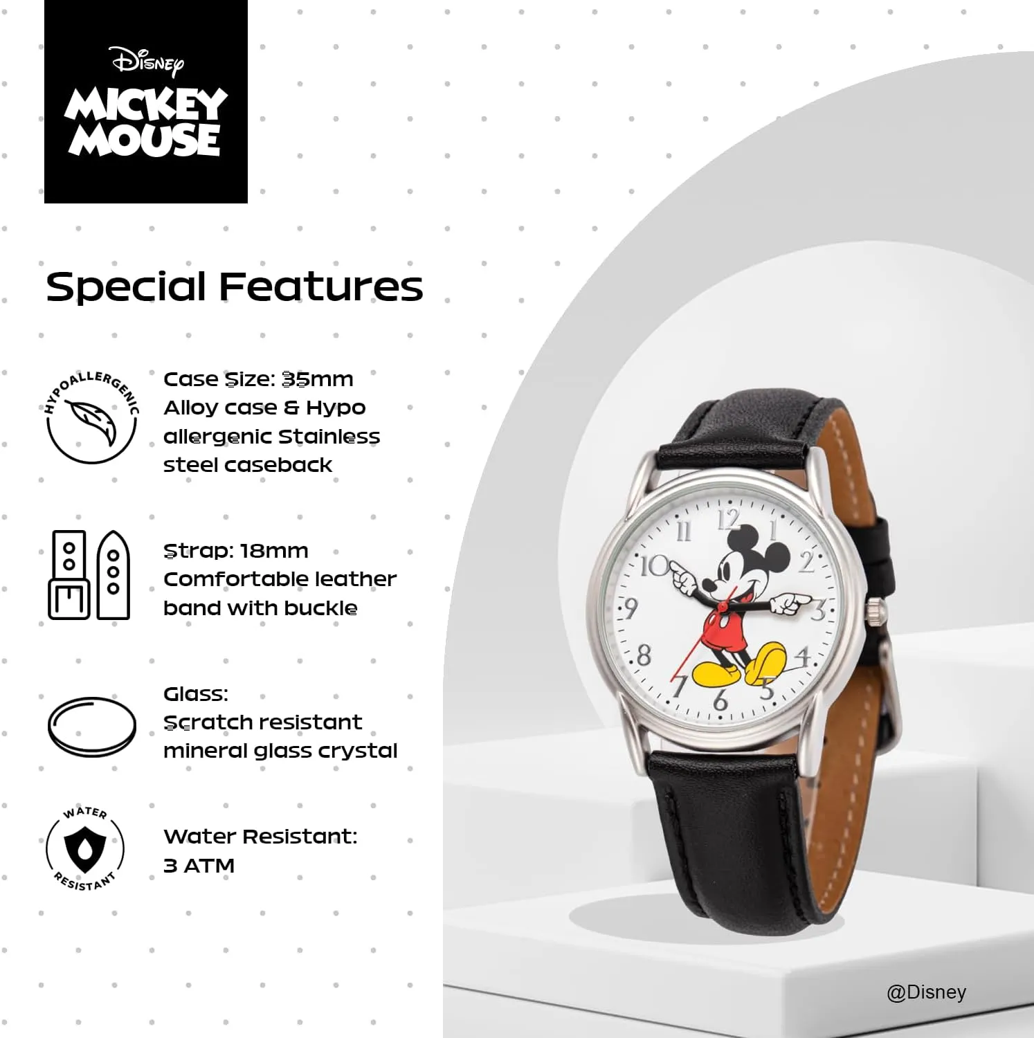 Disney Mickey Mouse Adult Classic Cardiff Analog Quartz Leather Strap Watch