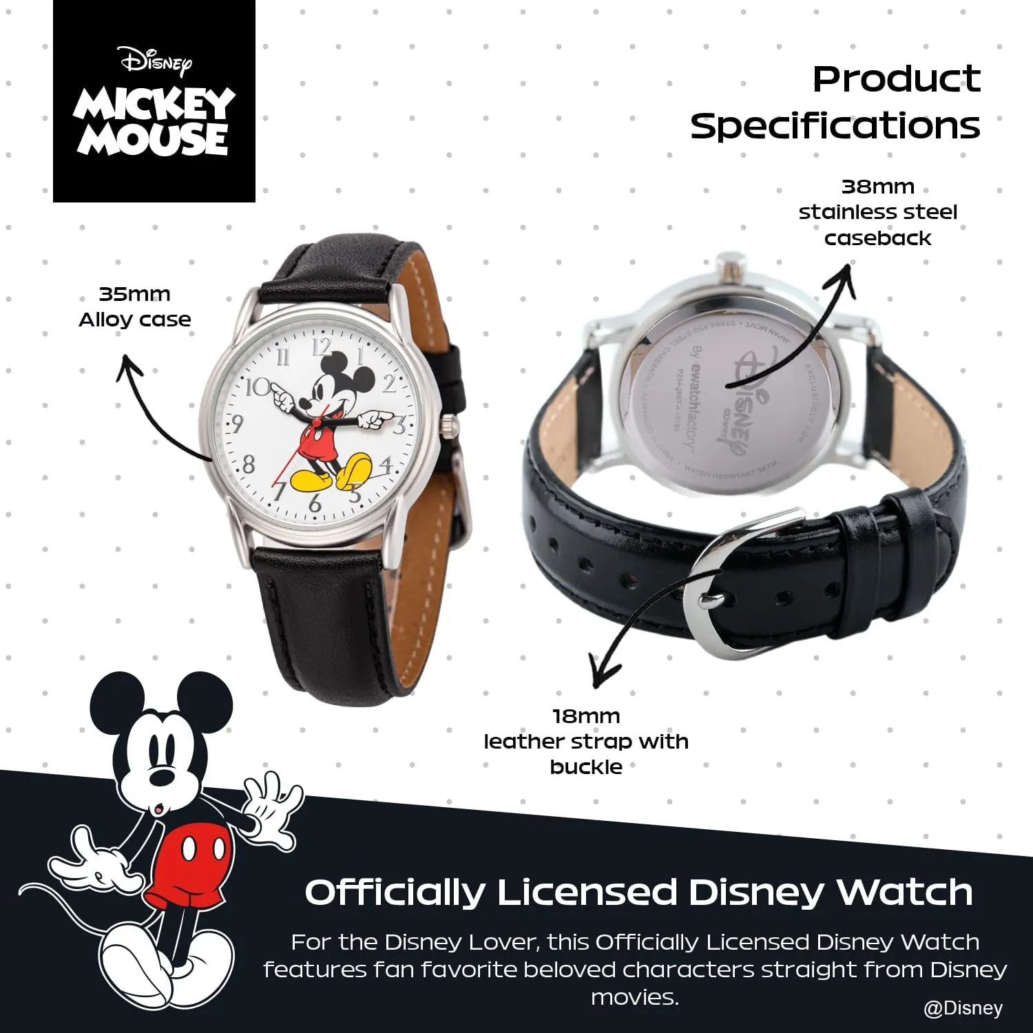 Disney Mickey Mouse Adult Classic Cardiff Analog Quartz Leather Strap Watch