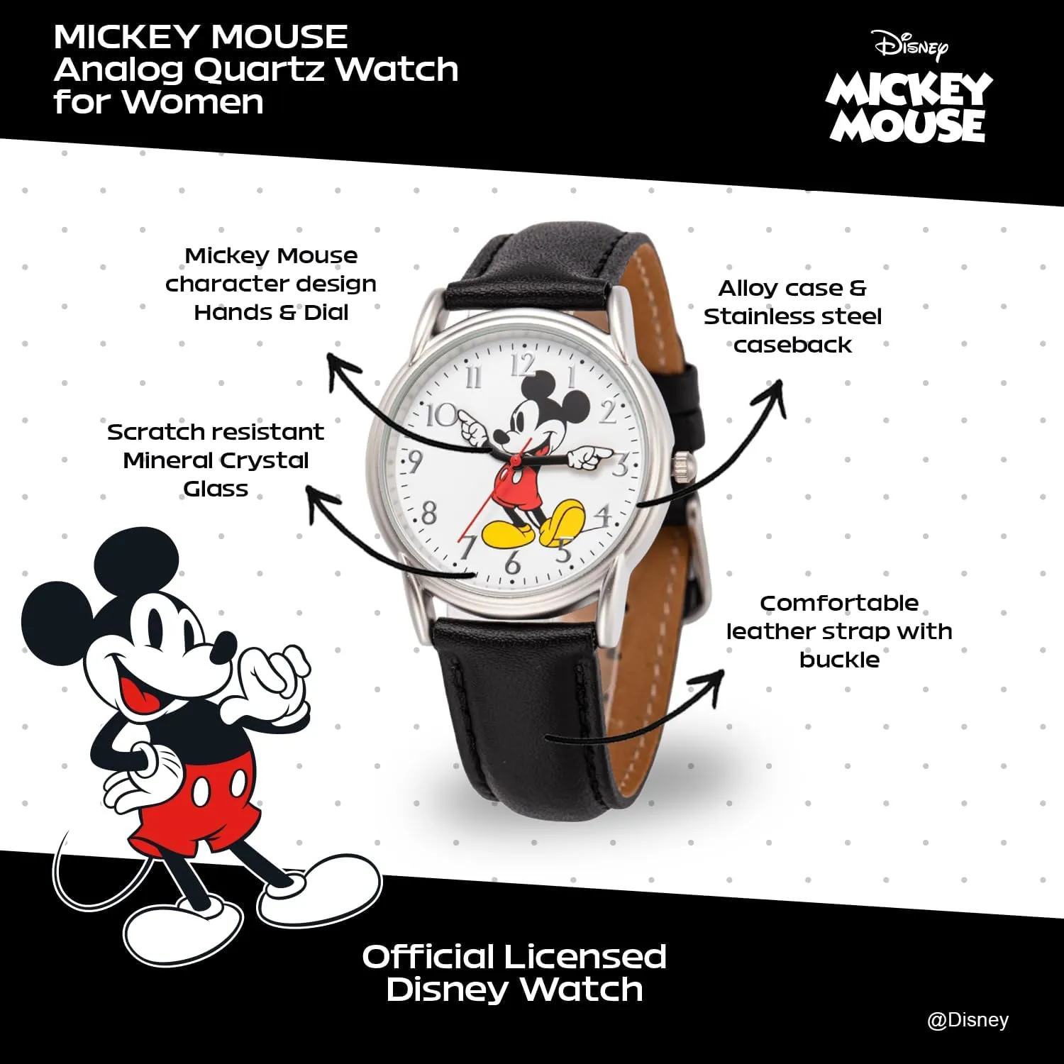 Disney Mickey Mouse Adult Classic Cardiff Analog Quartz Leather Strap Watch