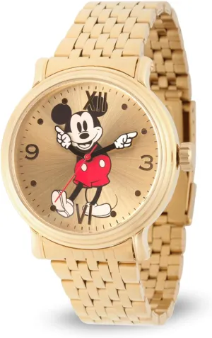 DISNEY Officially Licensed Mickey Mouse Watch for Men, Articulating Hands Design, Mickey Mouse Watches for Men, Stylish Watch, Unique Watches, Gold Dial, Stainless Steel Strap