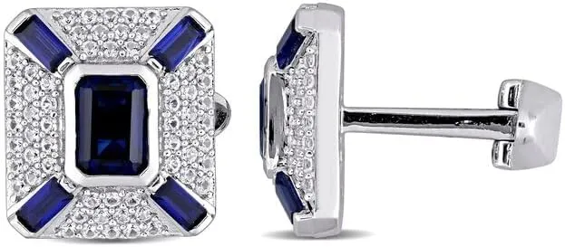 DJ || 3.50Ct Emerald Cut Lab Created Sapphire & Diamond Stud Cufflinks For Men's For Any Occassion 925 Sterling Silver Elegance Adorn with a Blue Sparkle