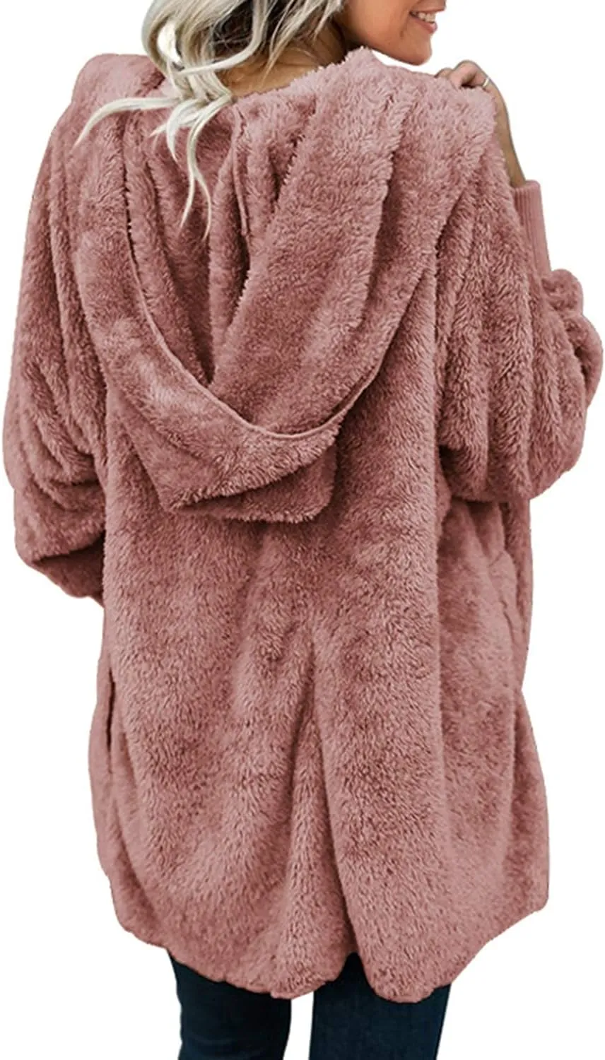 Dokotoo Womens 2024 Winter Long Sleeve Solid Fuzzy Fleece Open Front Hooded Cardigans Jacket Coats Outerwear with Pocket
