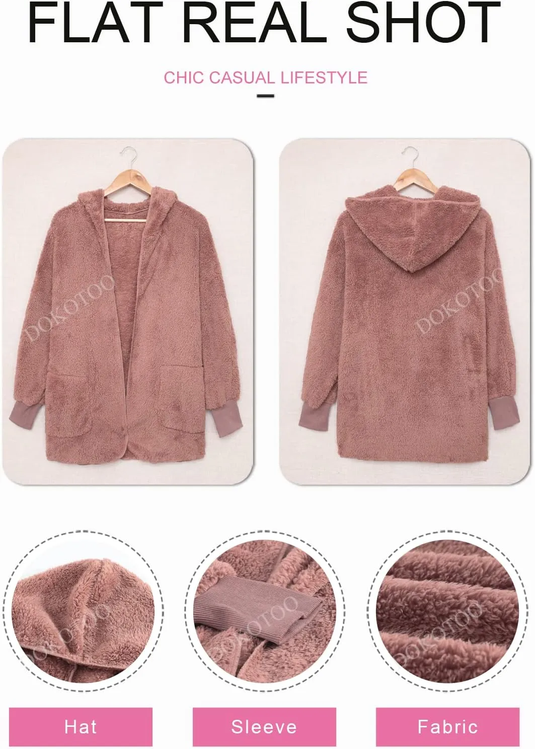 Dokotoo Womens 2024 Winter Long Sleeve Solid Fuzzy Fleece Open Front Hooded Cardigans Jacket Coats Outerwear with Pocket