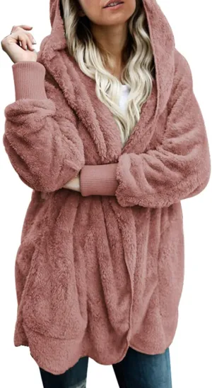 Dokotoo Womens 2024 Winter Long Sleeve Solid Fuzzy Fleece Open Front Hooded Cardigans Jacket Coats Outerwear with Pocket