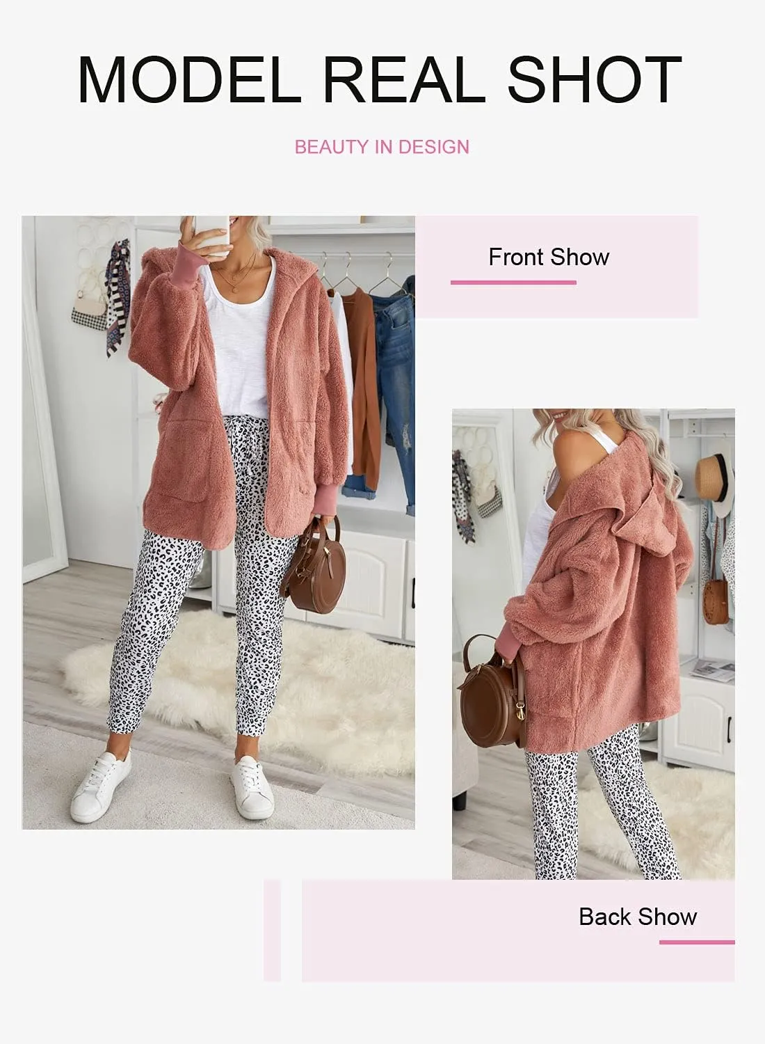 Dokotoo Womens 2024 Winter Long Sleeve Solid Fuzzy Fleece Open Front Hooded Cardigans Jacket Coats Outerwear with Pocket