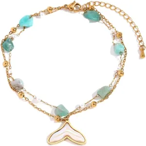 Double Layer Mermaid Tail Anklet for Women Natural Stone Beaded Foot Chain Anklets Shell Fishtail Dangle Stainless Steel Link Chains Adjustable