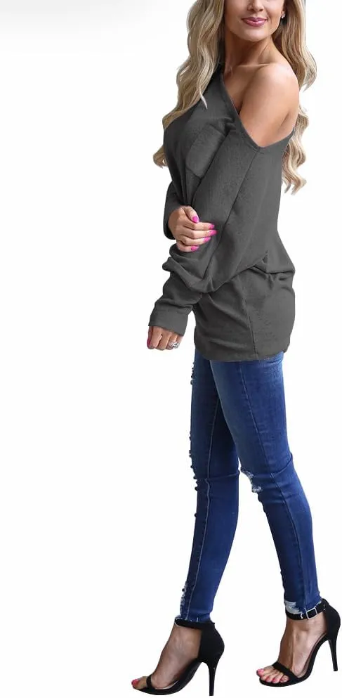 Dressmine Women's Off Shoulder Tops Long Sleeve Tunic Top Oversized Sweatshirt Pocket Baggy Shirts