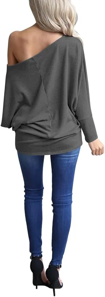 Dressmine Women's Off Shoulder Tops Long Sleeve Tunic Top Oversized Sweatshirt Pocket Baggy Shirts
