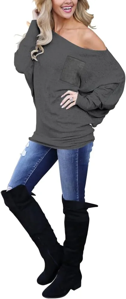 Dressmine Women's Off Shoulder Tops Long Sleeve Tunic Top Oversized Sweatshirt Pocket Baggy Shirts