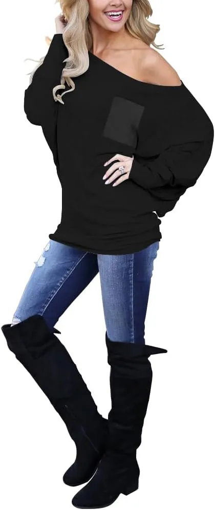 Dressmine Women's Off Shoulder Tops Long Sleeve Tunic Top Oversized Sweatshirt Pocket Baggy Shirts