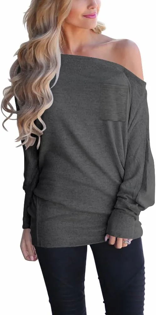 Dressmine Women's Off Shoulder Tops Long Sleeve Tunic Top Oversized Sweatshirt Pocket Baggy Shirts