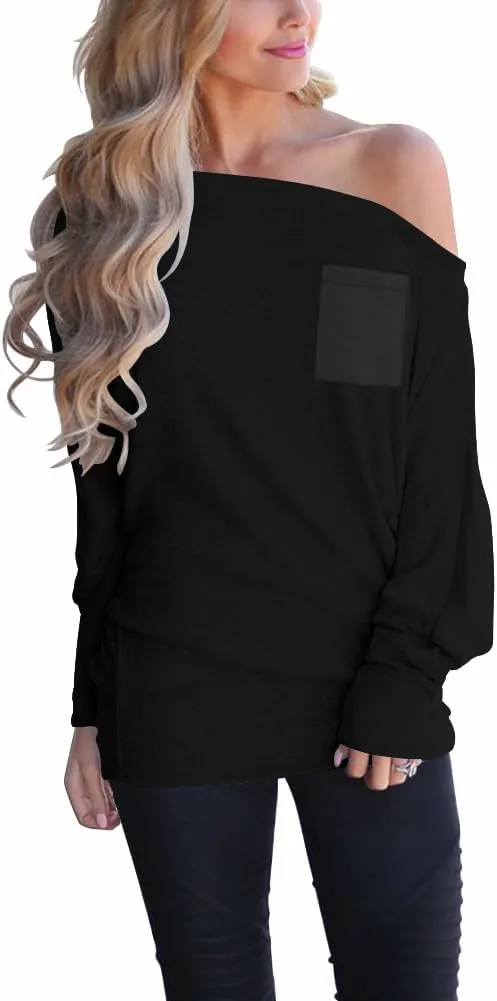 Dressmine Women's Off Shoulder Tops Long Sleeve Tunic Top Oversized Sweatshirt Pocket Baggy Shirts