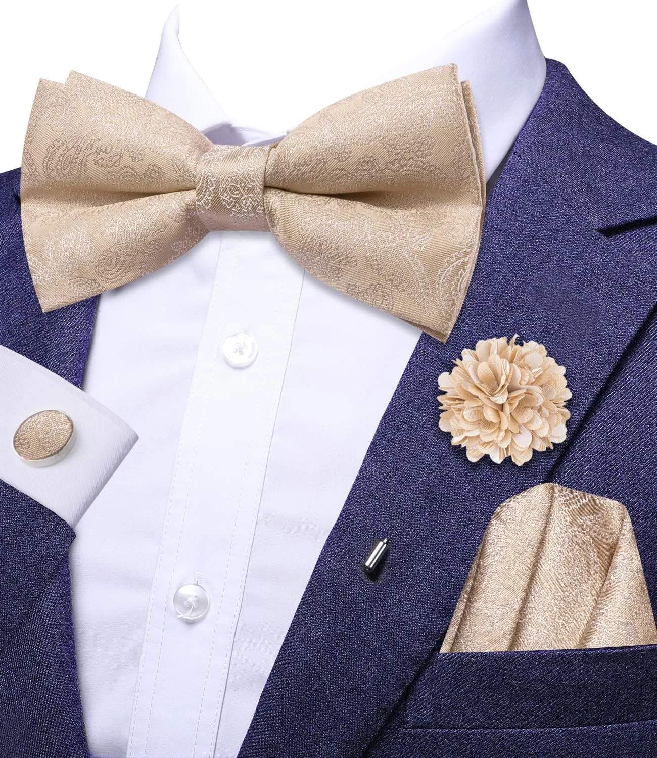 Dubulle Bowtie for Men Paisley Floral Mens Pretied Bowtie and Lapel Pin Set Pocket Square Cufflinks Wedding