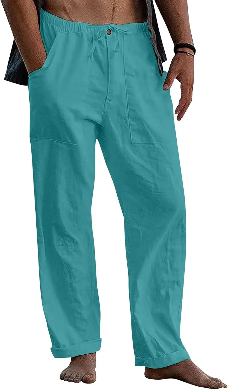 DuDubaby Denim Pants Men's Casual Loose and Comfortable Casual Pants Cotton Linen Printed Drawstring Trousers Long Yoga Pants