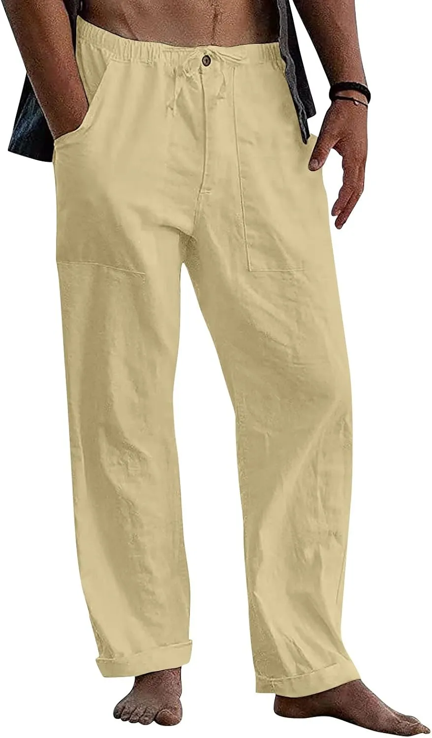 DuDubaby Denim Pants Men's Casual Loose and Comfortable Casual Pants Cotton Linen Printed Drawstring Trousers Long Yoga Pants