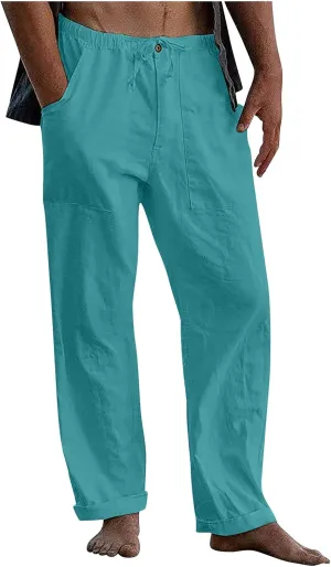 DuDubaby Denim Pants Men's Casual Loose and Comfortable Casual Pants Cotton Linen Printed Drawstring Trousers Long Yoga Pants