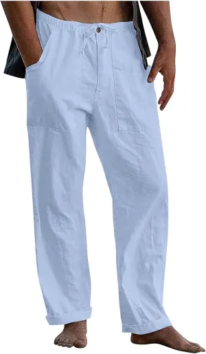 DuDubaby Denim Pants Men's Casual Loose and Comfortable Casual Pants Cotton Linen Printed Drawstring Trousers Long Yoga Pants