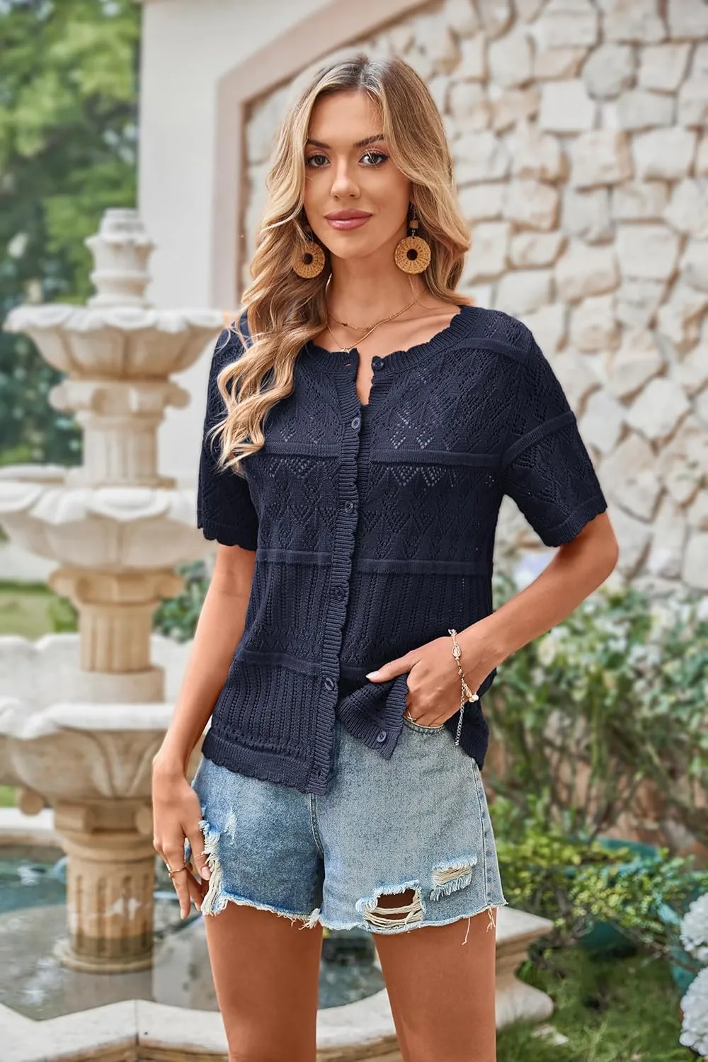 ECOWISH Summer Crochet Cardigans for Women: 2025 Lightweight Short Sleeve Crewneck Button Down Cropped Casual Sweater Tops