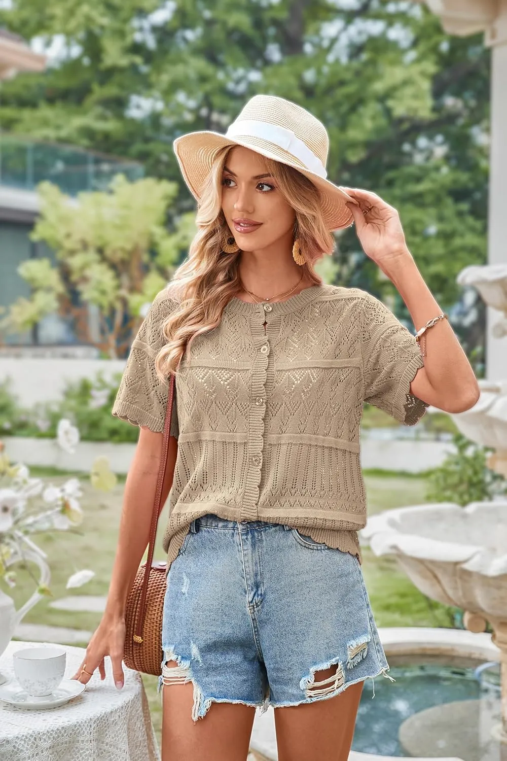 ECOWISH Summer Crochet Cardigans for Women: 2025 Lightweight Short Sleeve Crewneck Button Down Cropped Casual Sweater Tops