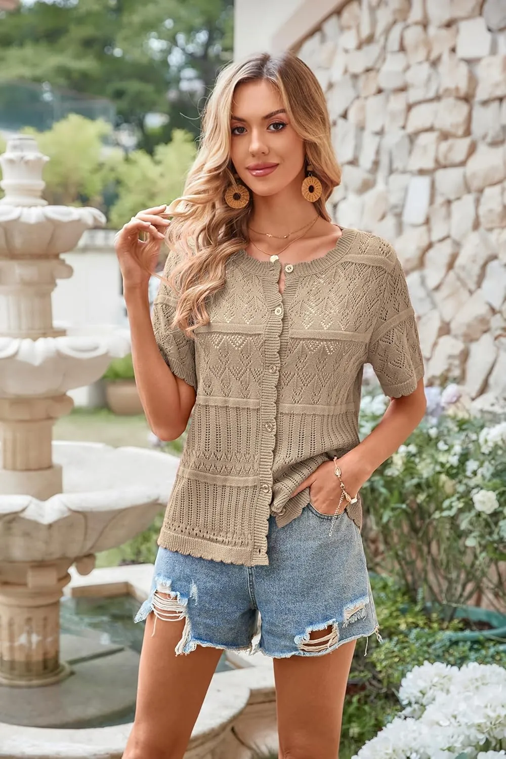ECOWISH Summer Crochet Cardigans for Women: 2025 Lightweight Short Sleeve Crewneck Button Down Cropped Casual Sweater Tops