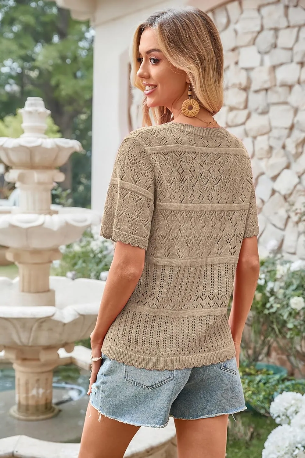 ECOWISH Summer Crochet Cardigans for Women: 2025 Lightweight Short Sleeve Crewneck Button Down Cropped Casual Sweater Tops