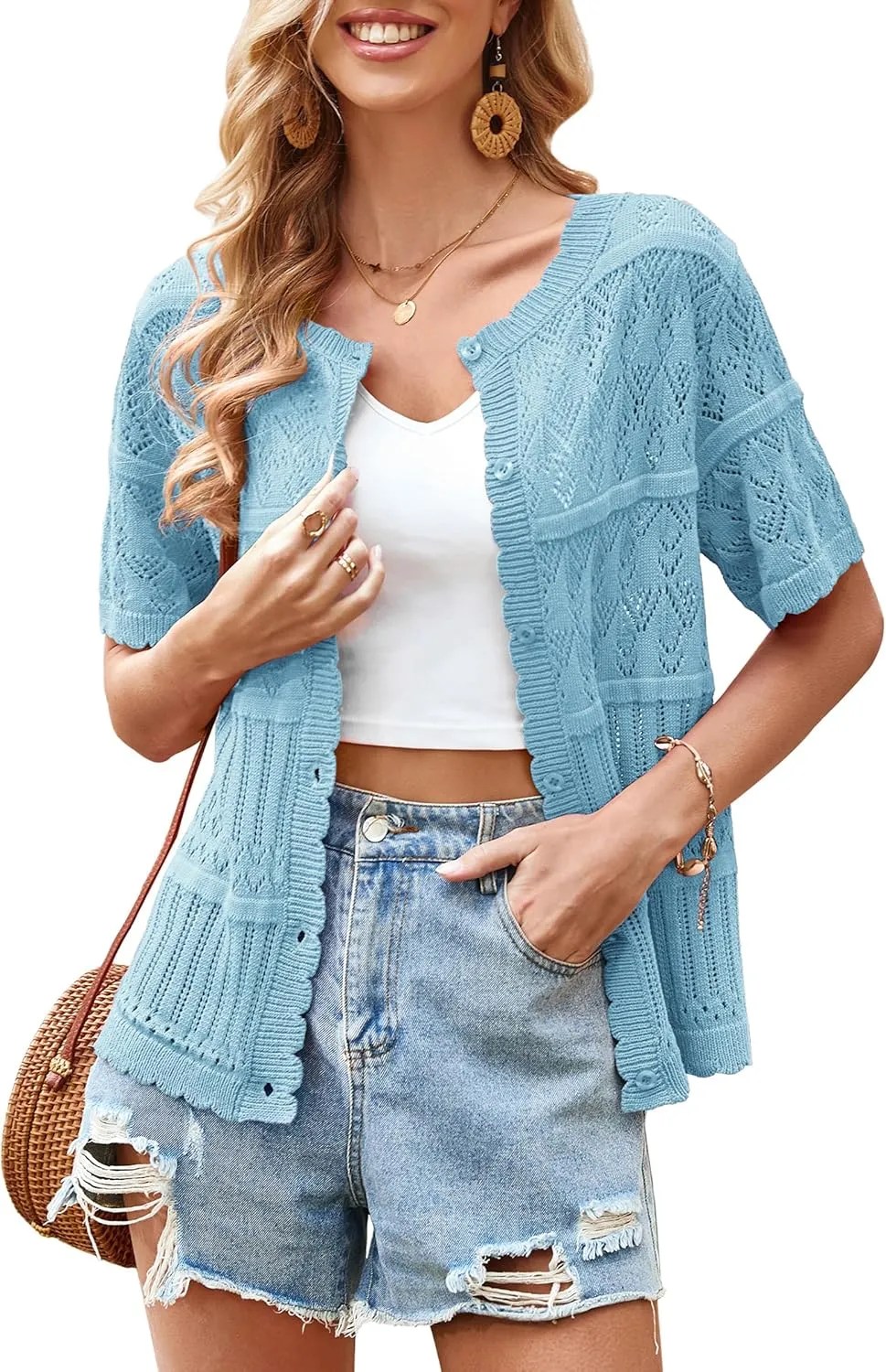 ECOWISH Summer Crochet Cardigans for Women: 2025 Lightweight Short Sleeve Crewneck Button Down Cropped Casual Sweater Tops