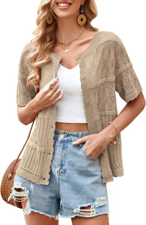 ECOWISH Summer Crochet Cardigans for Women: 2025 Lightweight Short Sleeve Crewneck Button Down Cropped Casual Sweater Tops