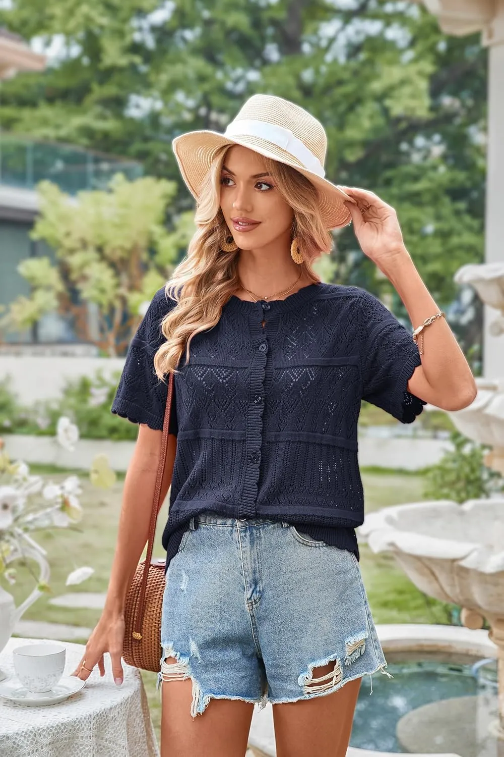 ECOWISH Summer Crochet Cardigans for Women: 2025 Lightweight Short Sleeve Crewneck Button Down Cropped Casual Sweater Tops