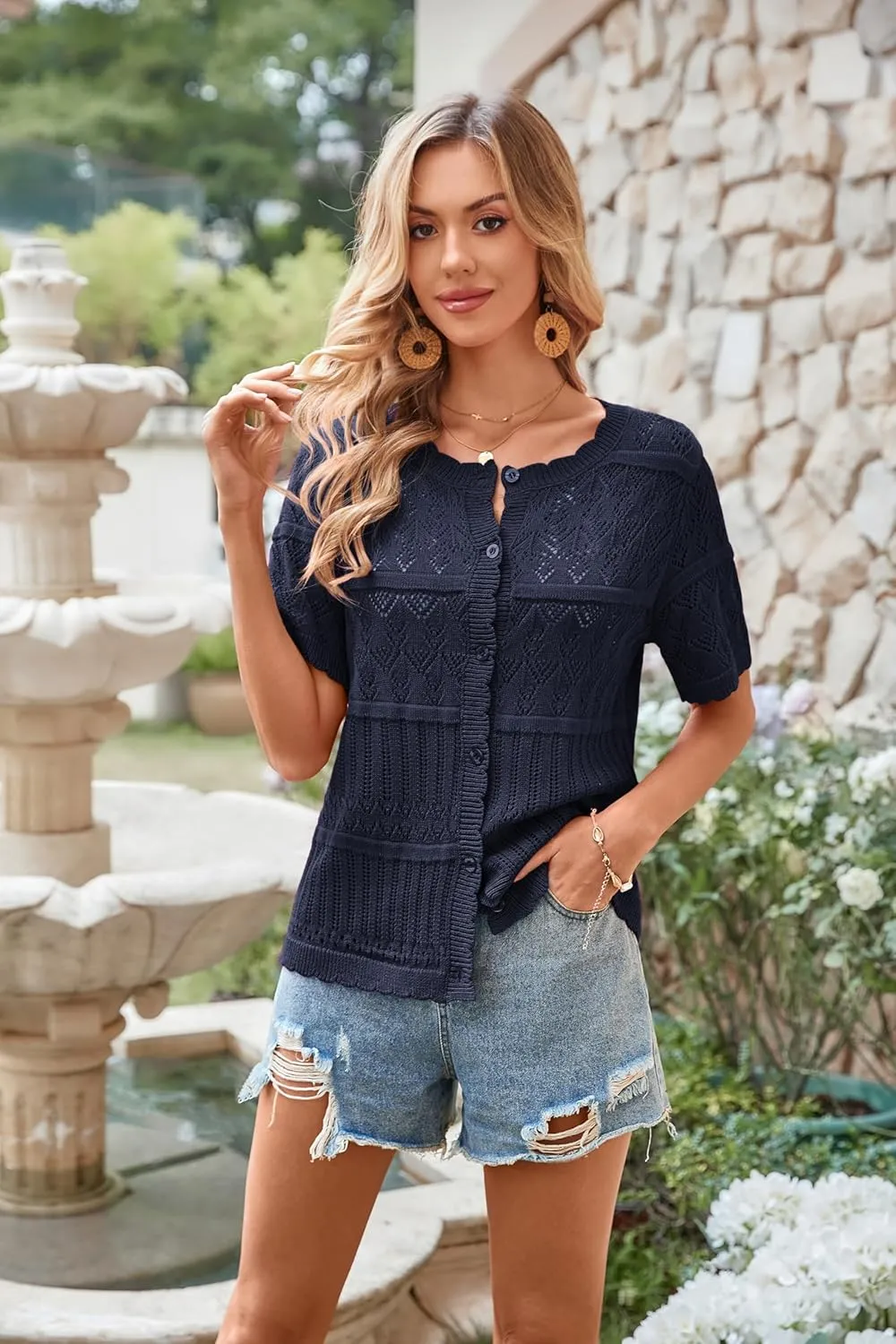 ECOWISH Summer Crochet Cardigans for Women: 2025 Lightweight Short Sleeve Crewneck Button Down Cropped Casual Sweater Tops