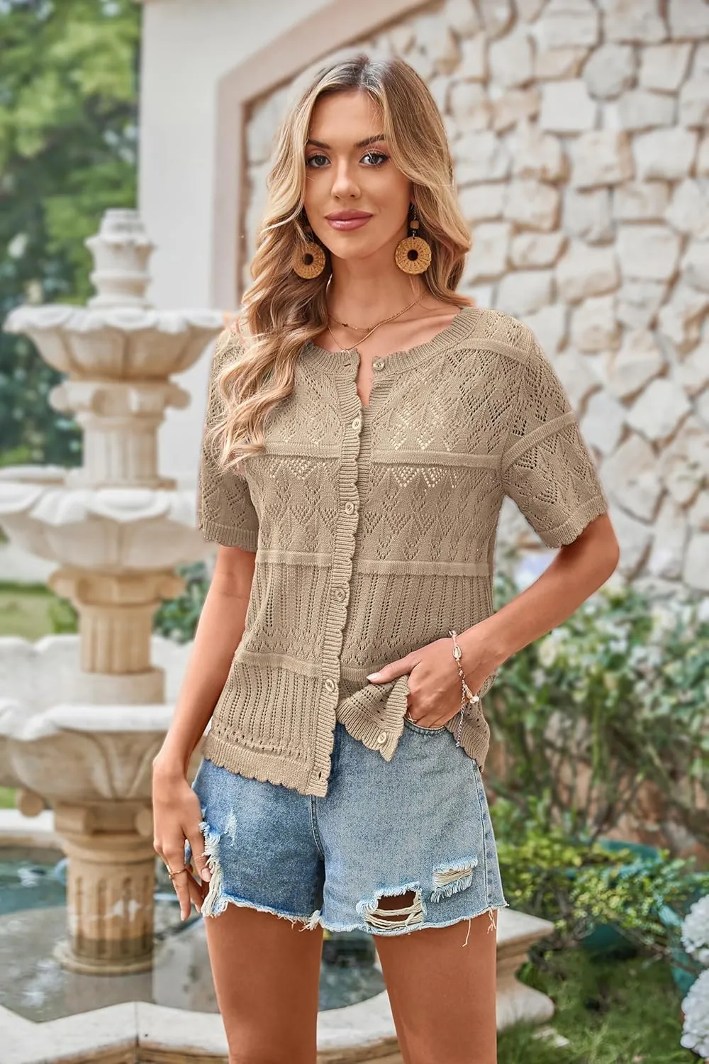 ECOWISH Summer Crochet Cardigans for Women: 2025 Lightweight Short Sleeve Crewneck Button Down Cropped Casual Sweater Tops
