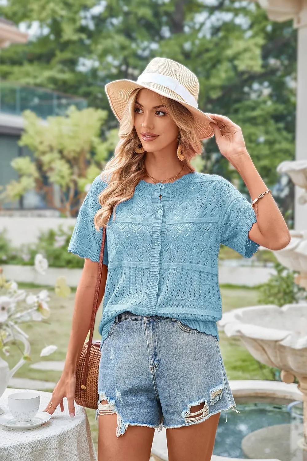ECOWISH Summer Crochet Cardigans for Women: 2025 Lightweight Short Sleeve Crewneck Button Down Cropped Casual Sweater Tops