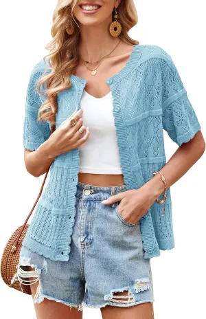 ECOWISH Summer Crochet Cardigans for Women: 2025 Lightweight Short Sleeve Crewneck Button Down Cropped Casual Sweater Tops