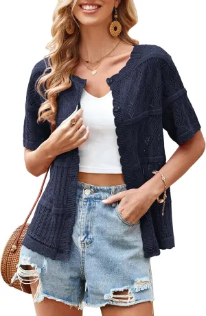 ECOWISH Summer Crochet Cardigans for Women: 2025 Lightweight Short Sleeve Crewneck Button Down Cropped Casual Sweater Tops
