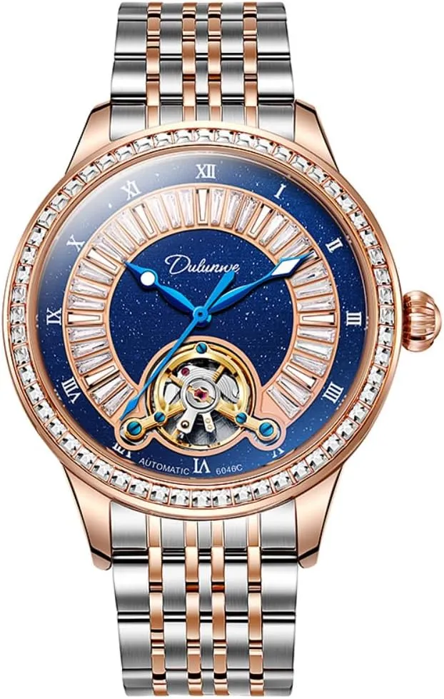 Elegant Hollow Tourbillon Automatic Mechanical Watches for Men Diamonds Blue Dial Luminous Waterproof Stainless Steel Business Wristwatch
