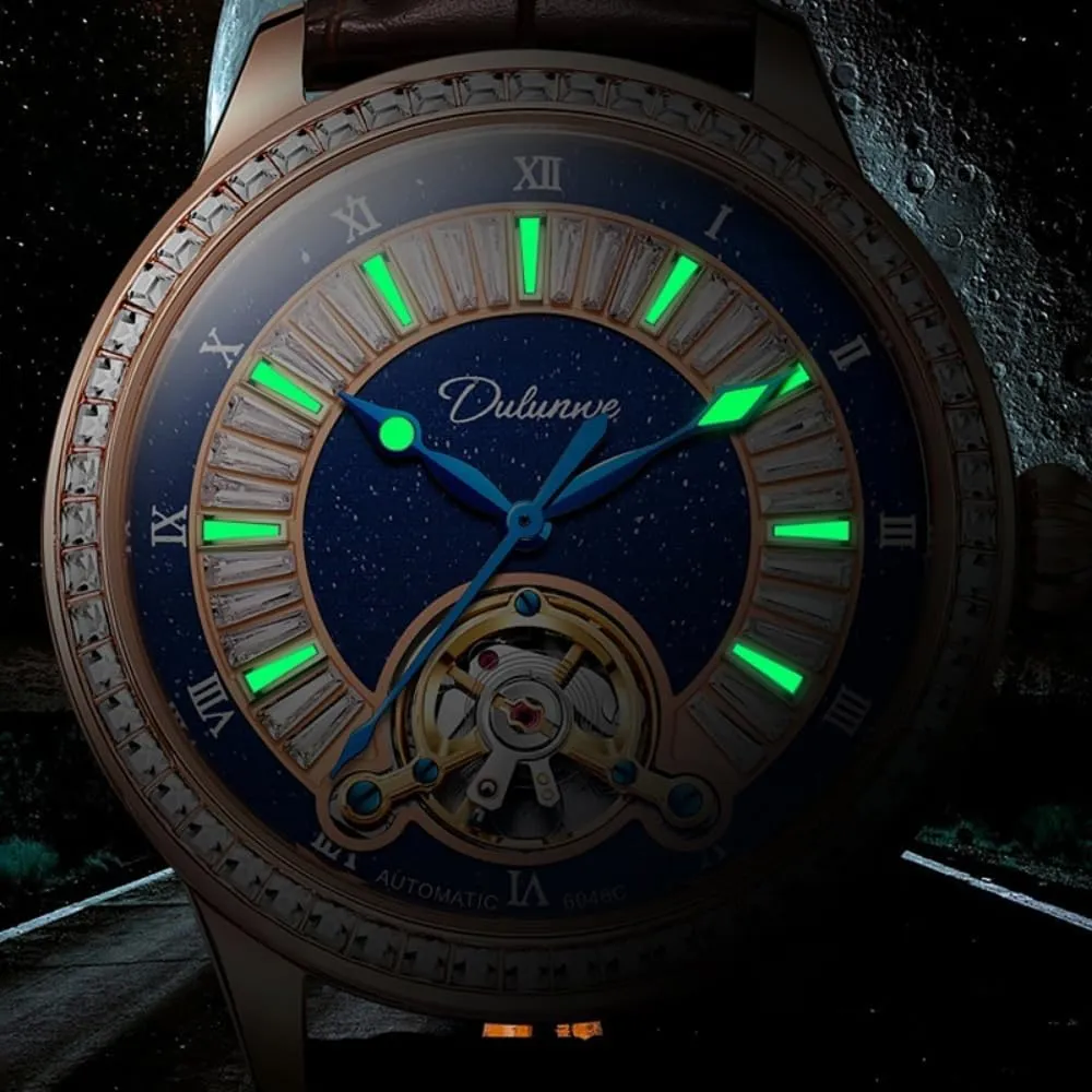 Elegant Hollow Tourbillon Automatic Mechanical Watches for Men Diamonds Blue Dial Luminous Waterproof Stainless Steel Business Wristwatch